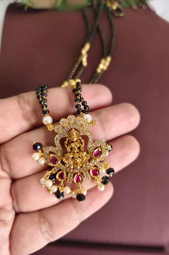 Gold plated temple lakshmi stone black beads necklace