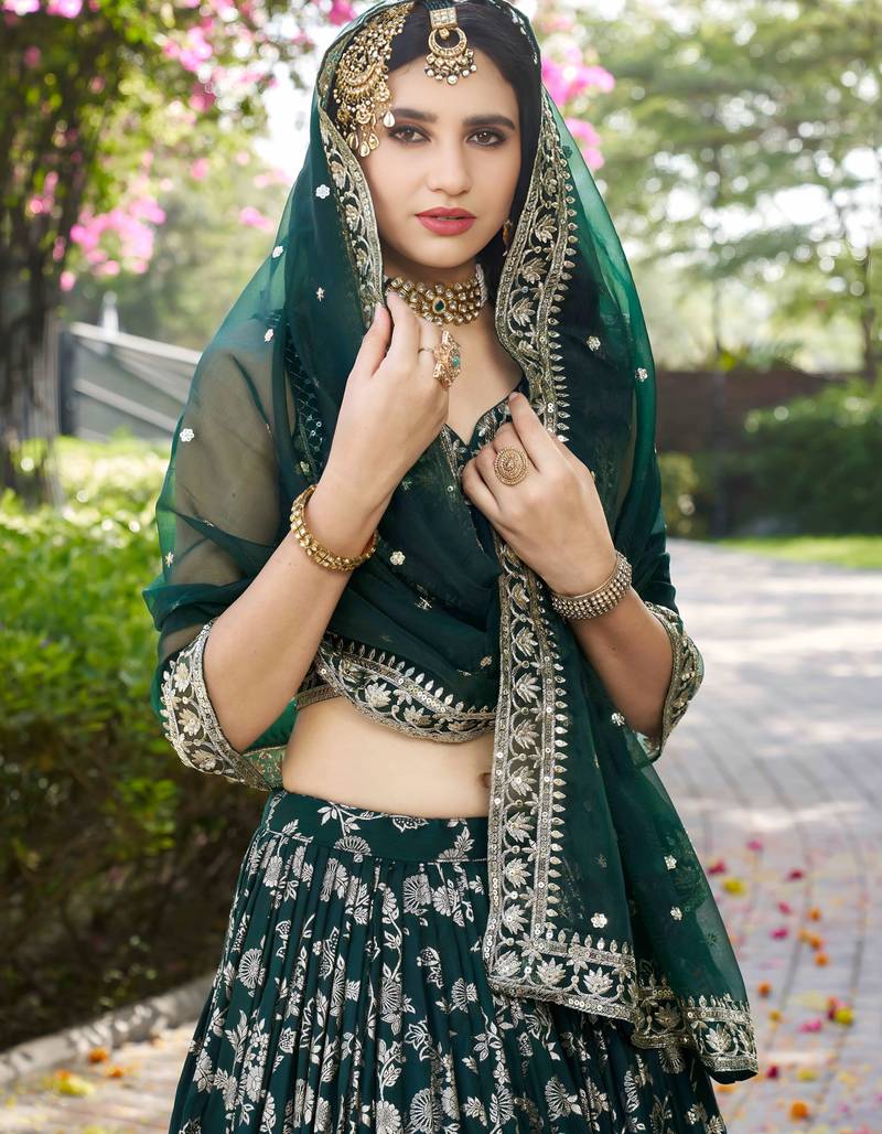 GREEN DOLA SILK SEQUINS ZARI EMBROIDERED LEHENGA CHOLI
