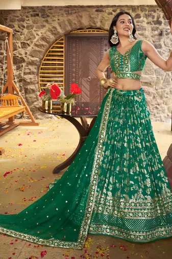 GREEN DOLA SILK SEQUINS ZARI EMBROIDERED LEHENGA CHOLI