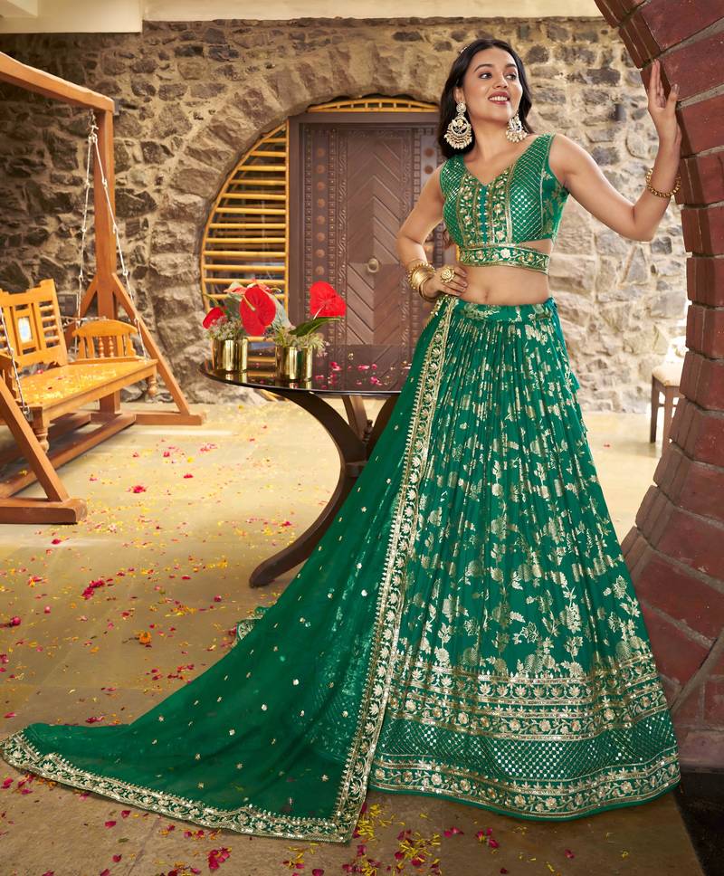 GREEN DOLA SILK SEQUINS ZARI EMBROIDERED LEHENGA CHOLI