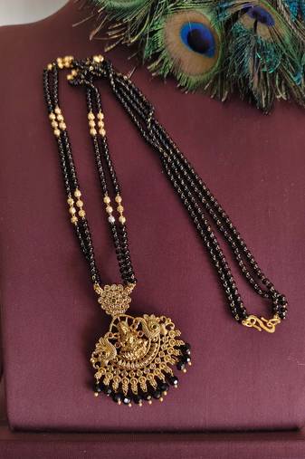Gold plated temple lakshmi black beads necklace