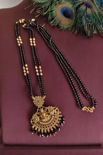 Gold plated temple lakshmi black beads necklace