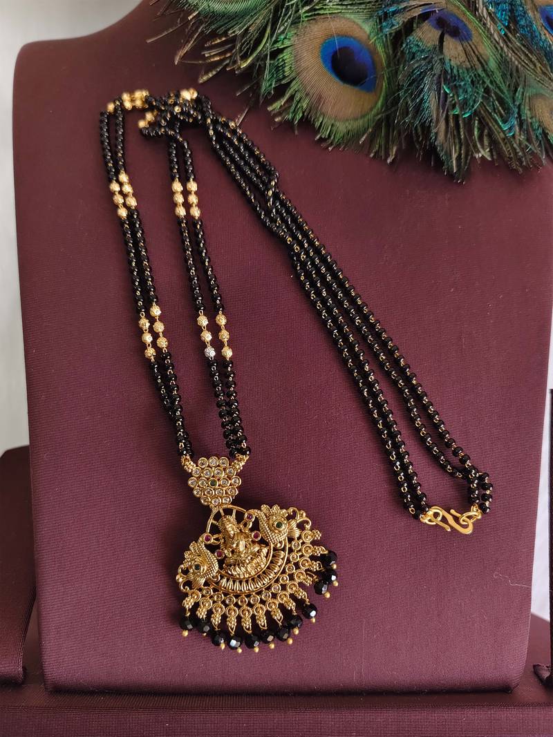 Gold plated temple lakshmi black beads necklace
