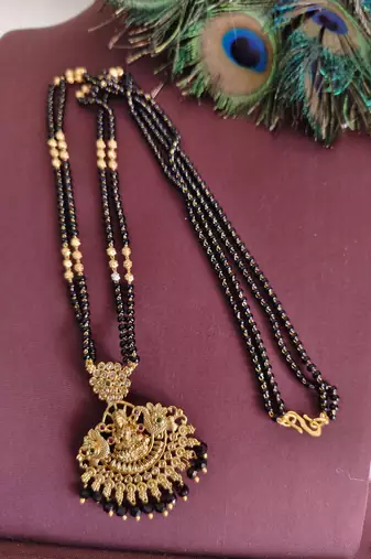Gold plated temple lakshmi black beads necklace