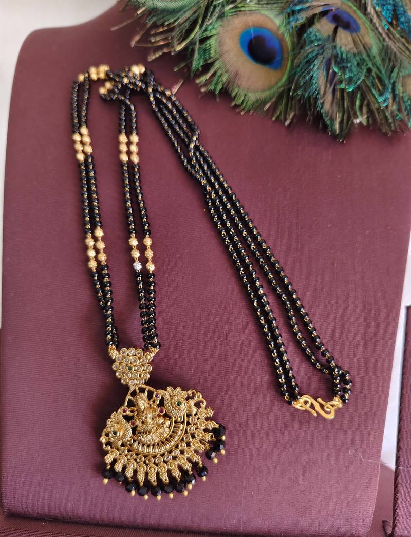 Gold plated temple lakshmi black beads necklace