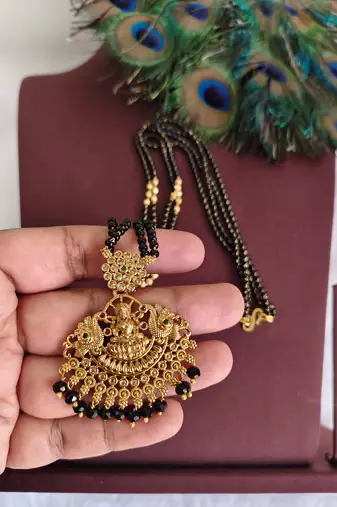 Gold plated temple lakshmi black beads necklace