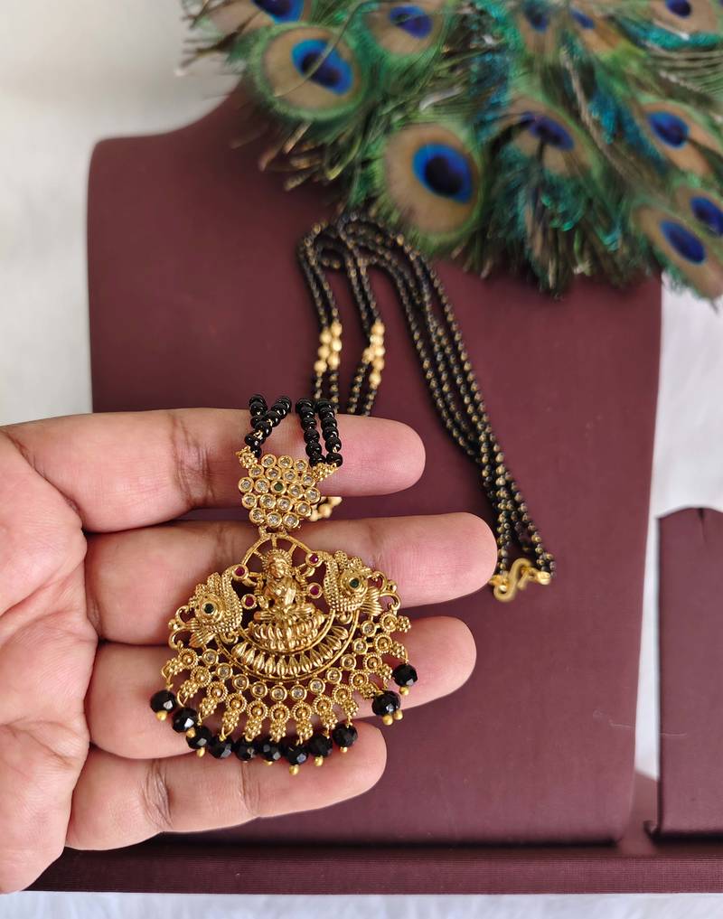 Gold plated temple lakshmi black beads necklace