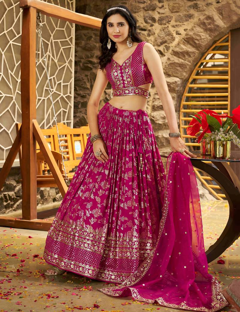 RANI PINK DOLA SILK SEQUINS ZARI EMBROIDERED LEHENGA CHOLI