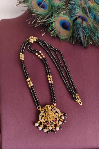 Gold plated stone temple lakshmi black beads necklace
