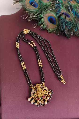 Gold plated stone temple lakshmi black beads necklace