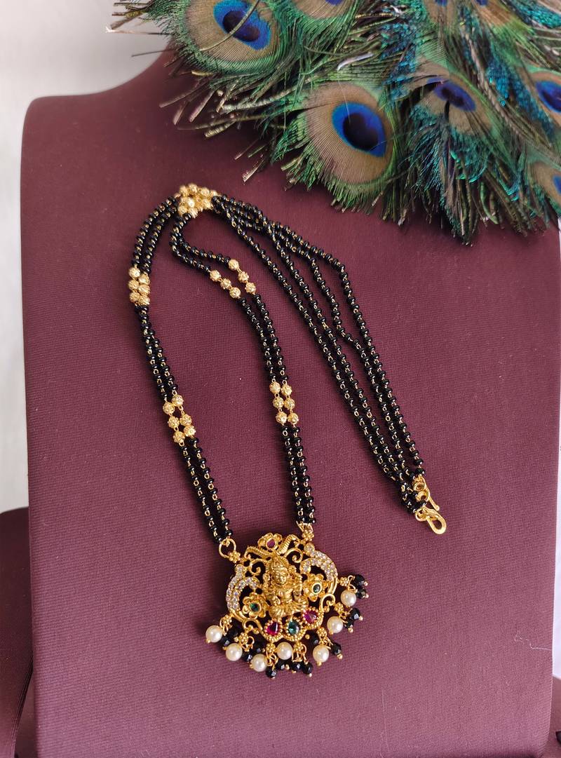 Gold plated stone temple lakshmi black beads necklace