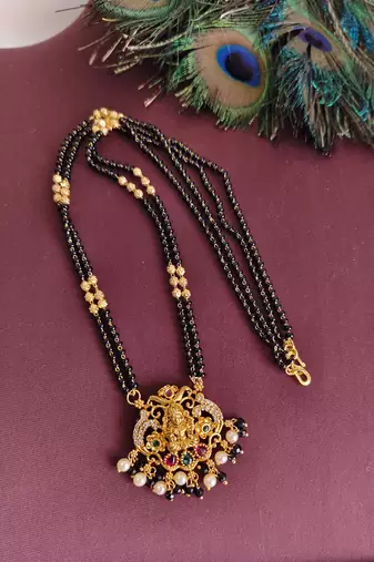 Gold plated stone temple lakshmi black beads necklace