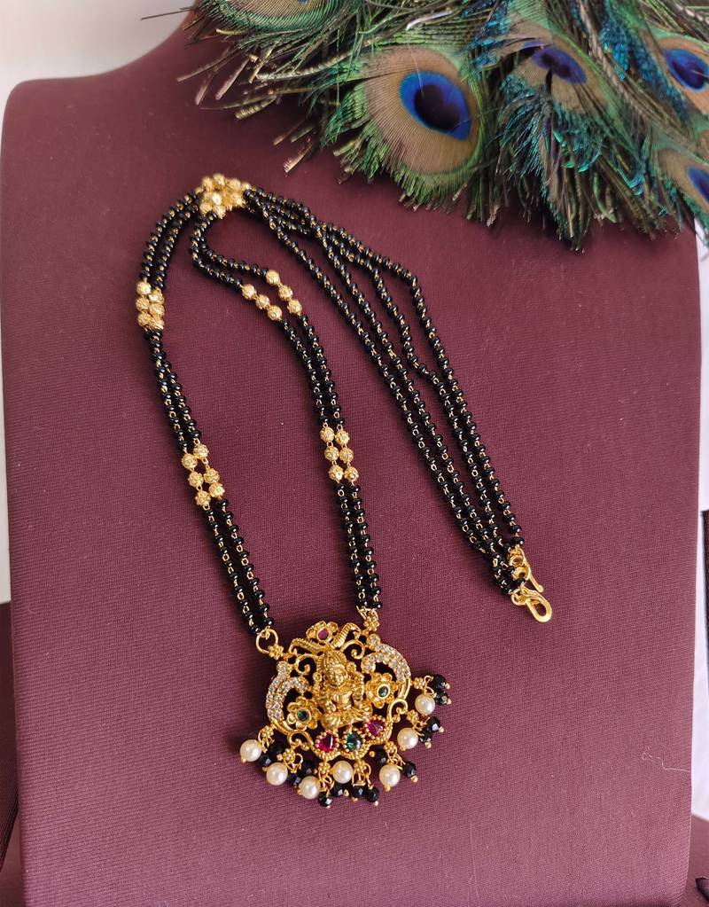 Gold plated stone temple lakshmi black beads necklace
