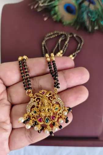 Gold plated stone temple lakshmi black beads necklace