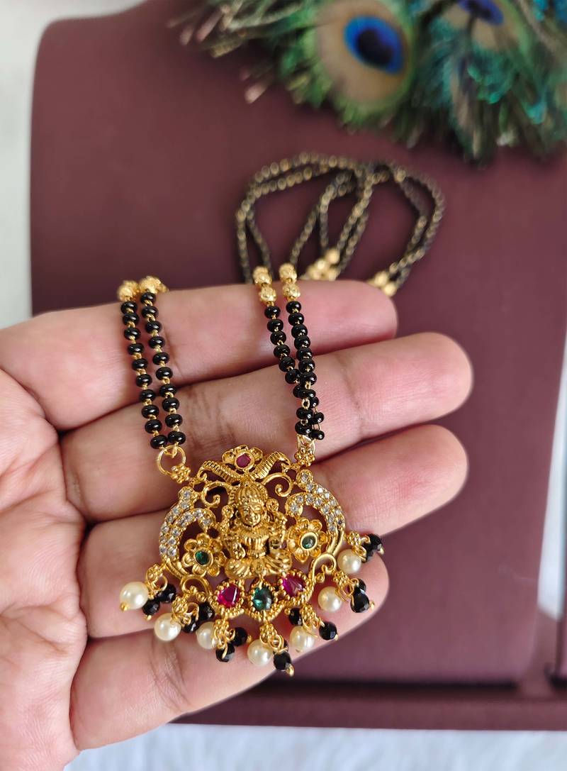 Gold plated stone temple lakshmi black beads necklace