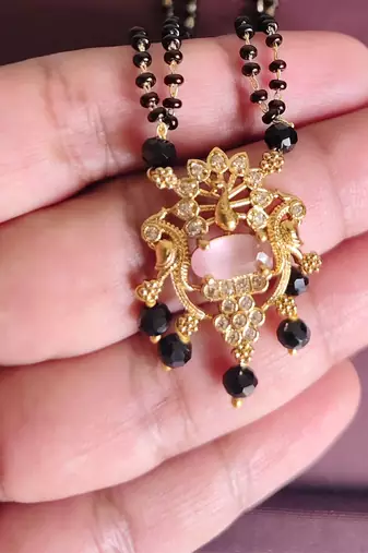 Gold plated peacock stone black beads necklace