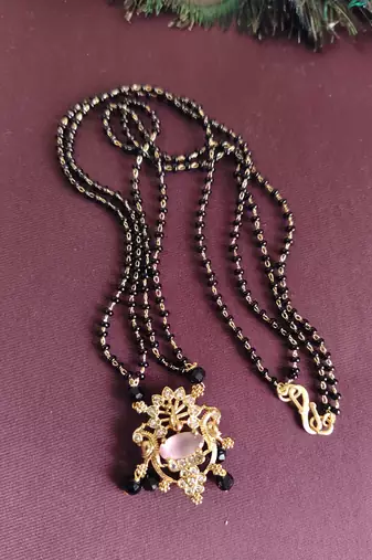 Gold plated peacock stone black beads necklace