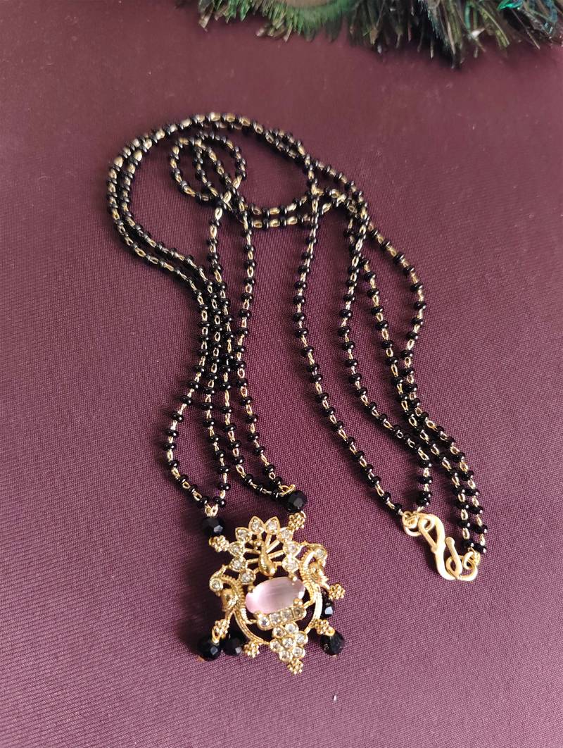 Gold plated peacock stone black beads necklace