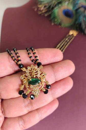 Gold plated peacock stone black beads necklace