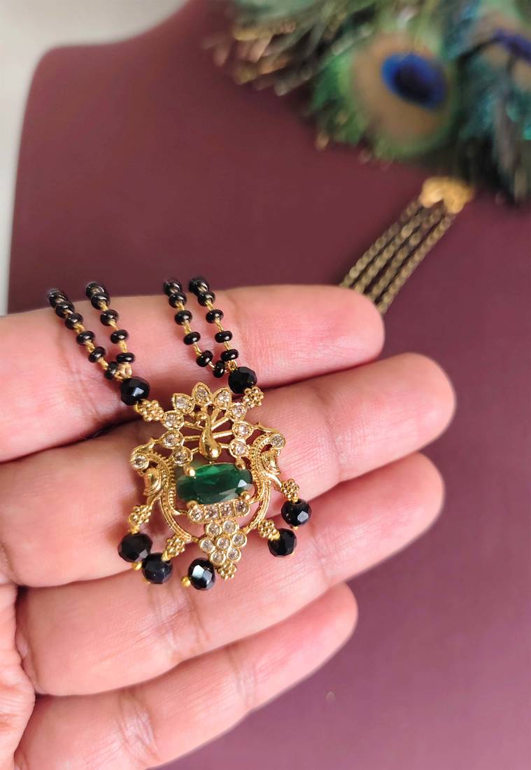 Gold plated peacock stone black beads necklace