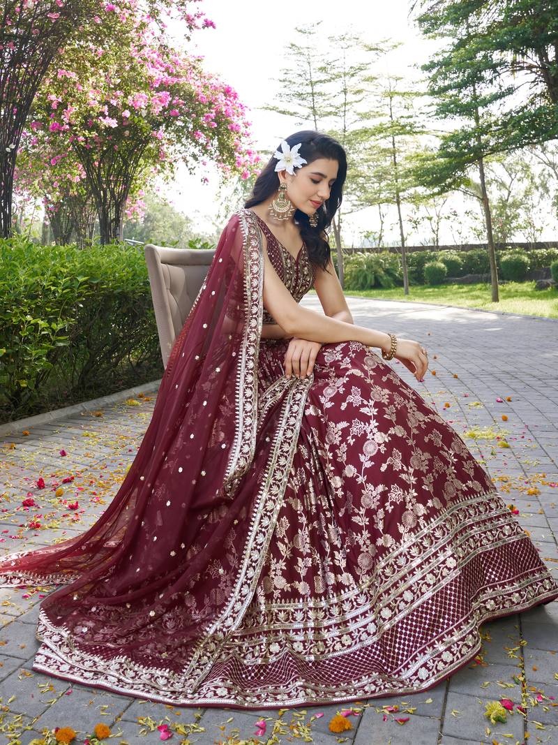 MAROON DOLA SILK SEQUINS ZARI EMBROIDERED LEHENGA CHOLI
