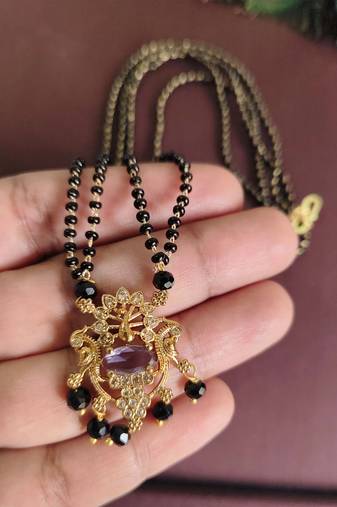 Gold plated peacock stone black beads necklace