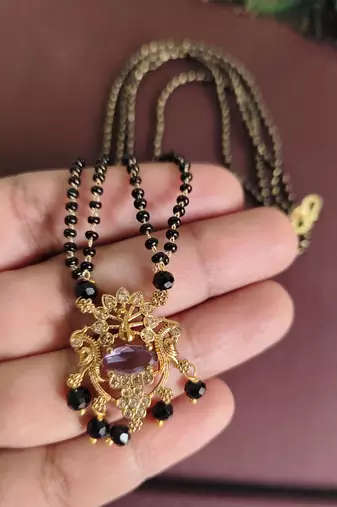 Gold plated peacock stone black beads necklace