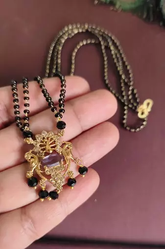 Gold plated peacock stone black beads necklace