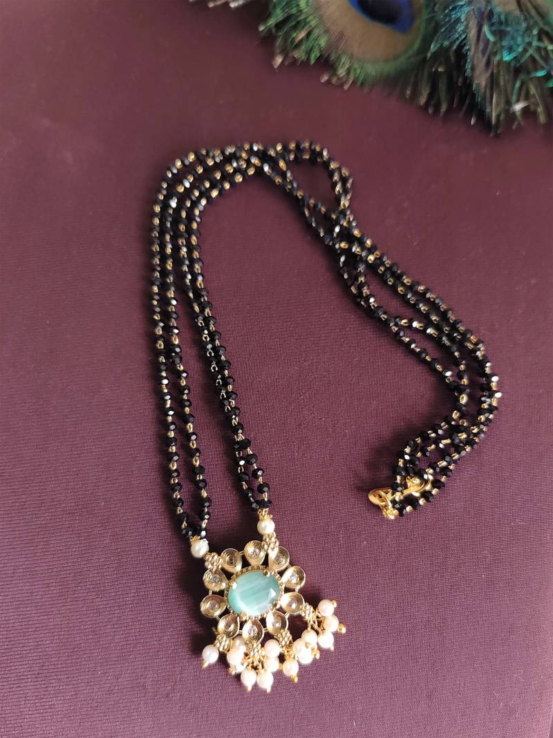 Gold plated pearl stone black beads necklace