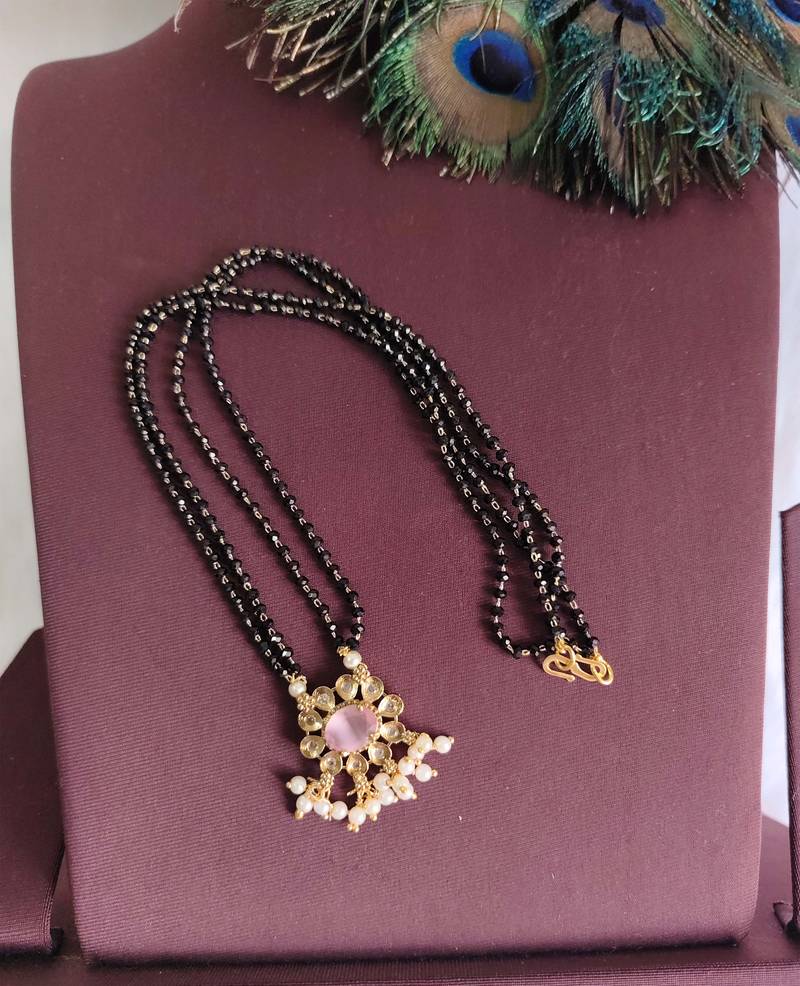 Gold plated pearl stone black beads necklace