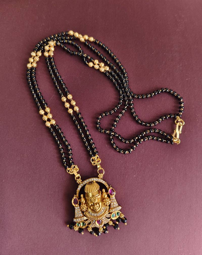 Gold plated temple balaji black beads neckalce