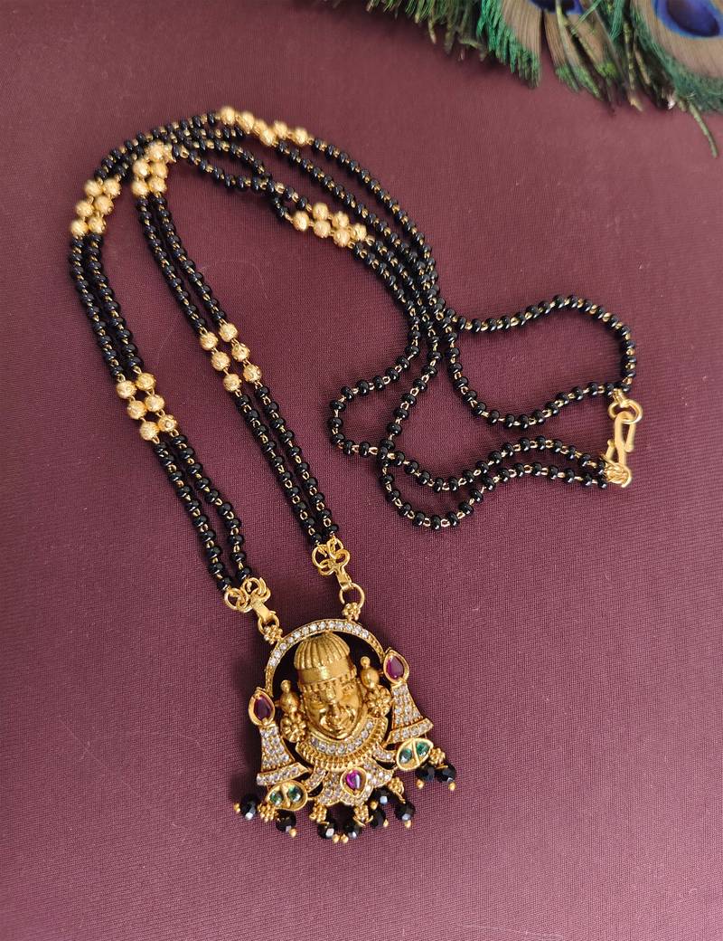 Gold plated temple balaji black beads neckalce
