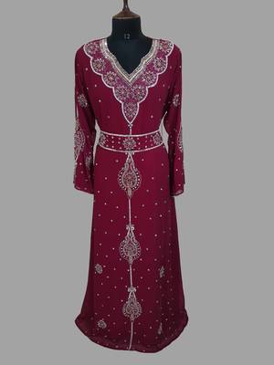 Maroon color Handmade Moroccan Kaftan with hijjab 1