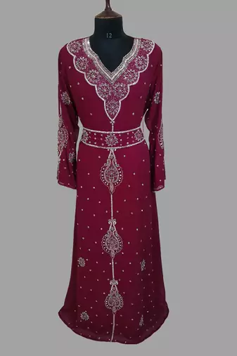 Maroon color luxurious Handmade Moroccan Kaftan with hijjab