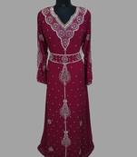 Maroon color luxurious Handmade Moroccan Kaftan with hijjab