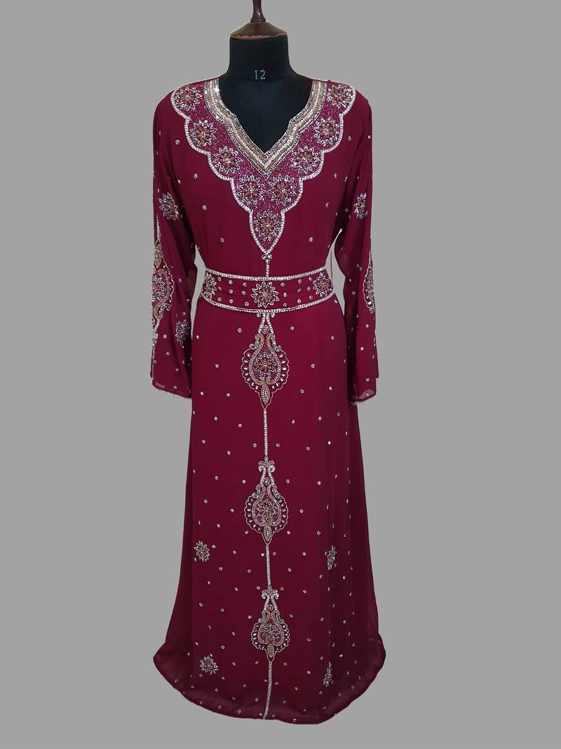Maroon color luxurious Handmade Moroccan Kaftan with hijjab