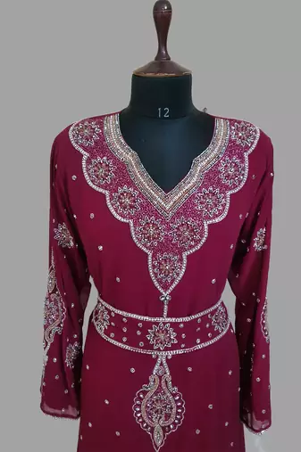 Maroon color Handmade Moroccan Kaftan with hijjab