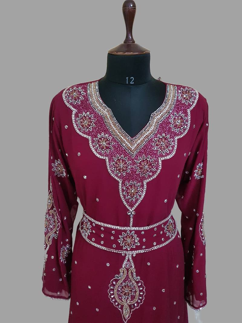 Maroon color luxurious Handmade Moroccan Kaftan with hijjab