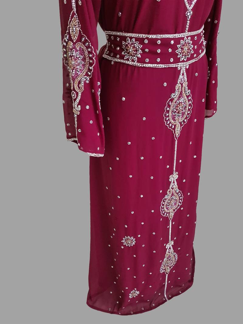 Maroon color luxurious Handmade Moroccan Kaftan with hijjab