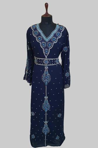 Navy-Blue color luxurious Handmade Moroccan Kaftan with hijjab