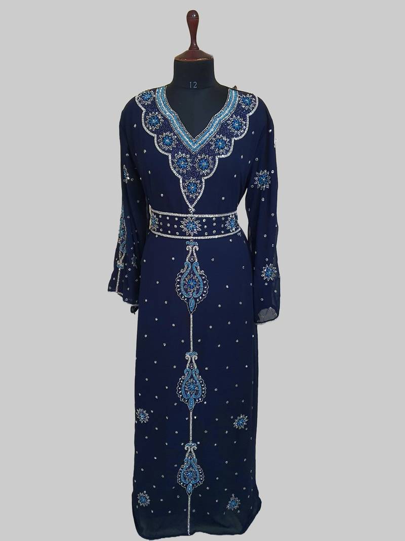 Navy-Blue color luxurious Handmade Moroccan Kaftan with hijjab