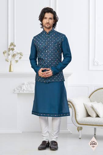 Blue silk blend embroidered kurta pajama and nehru jacket