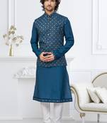 Blue silk blend embroidered kurta pajama and nehru jacket