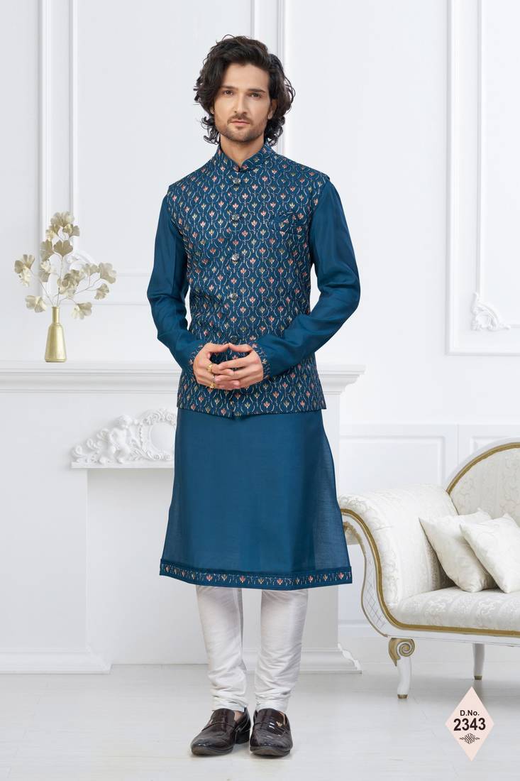 Blue silk blend embroidered kurta pajama and nehru jacket