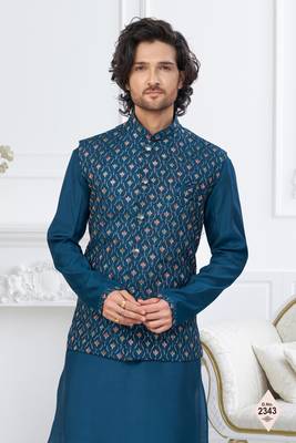 Blue silk blend embroidered kurta pajama and nehru jacket 2
