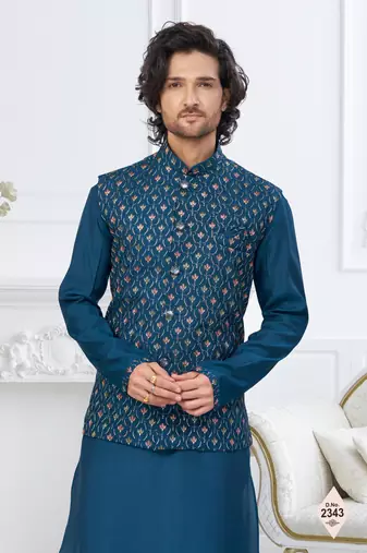 Blue silk blend embroidered kurta pajama and nehru jacket