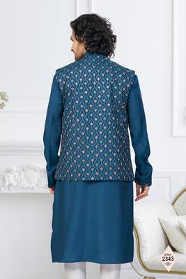 Blue silk blend embroidered kurta pajama and nehru jacket 3