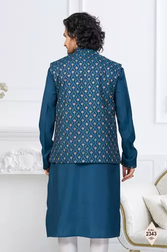Blue silk blend embroidered kurta pajama and nehru jacket