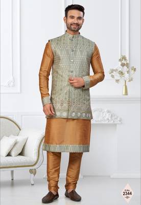 Beige dupion silk embroidered kurta pajama and nehru jacket 1