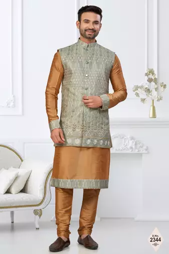 Beige dupion silk embroidered kurta pajama and nehru jacket